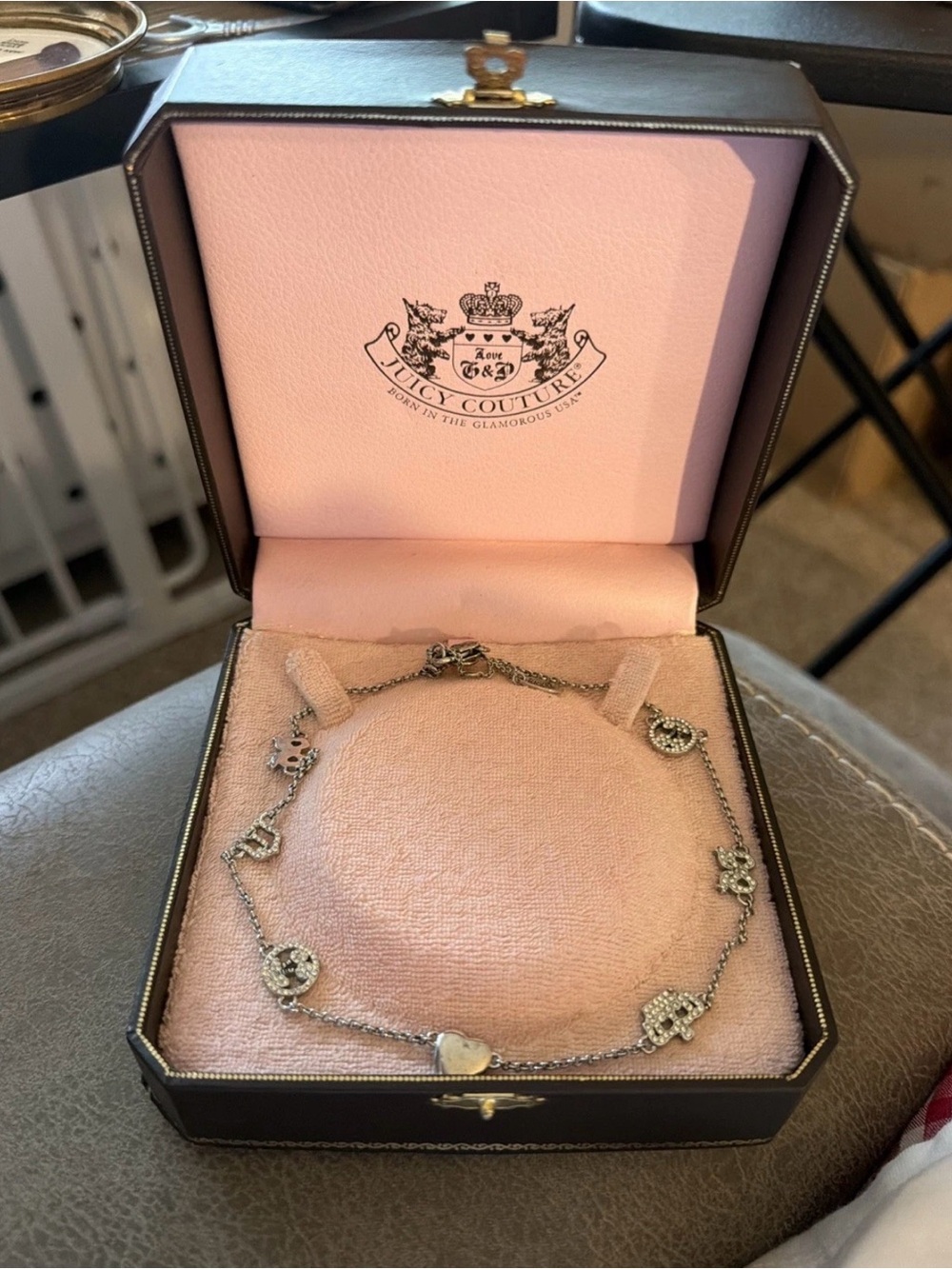 Vintage Juicy Couture Silver Charm Necklace with Heart & Logo Accents